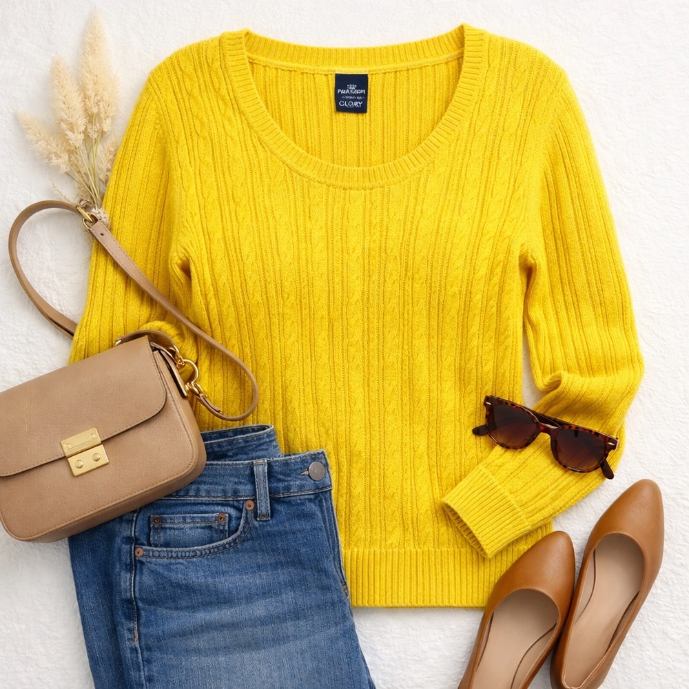 Yellow Cable Knit Scoop‎ Neck Sweater Organic Cotton XL 16/18 Soft Classic